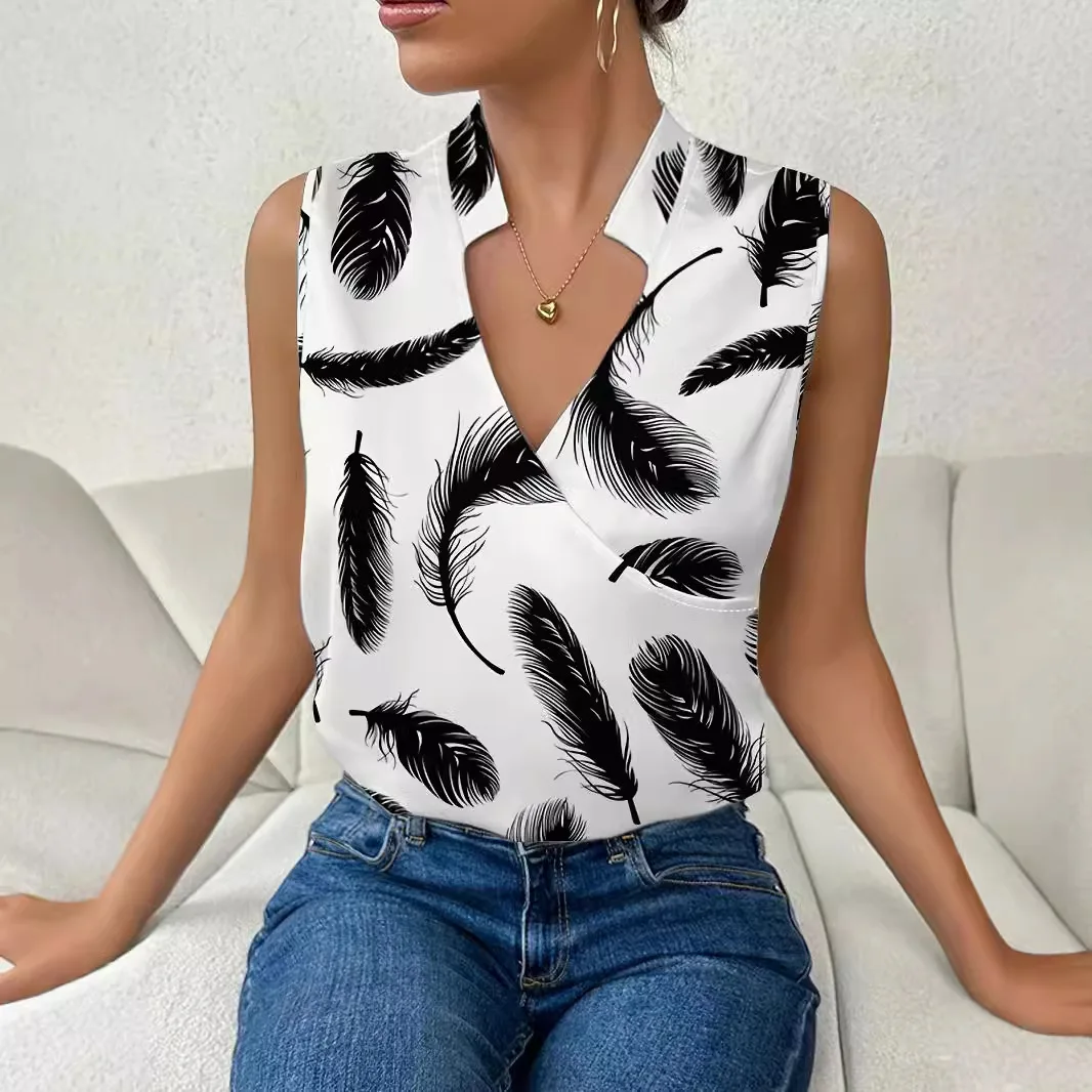 Elegant  New Women's Shirt V-neck Feather Lip Print Shirt Office Camisas De Manga Corta Женский Топ Camicia Donna Blusas