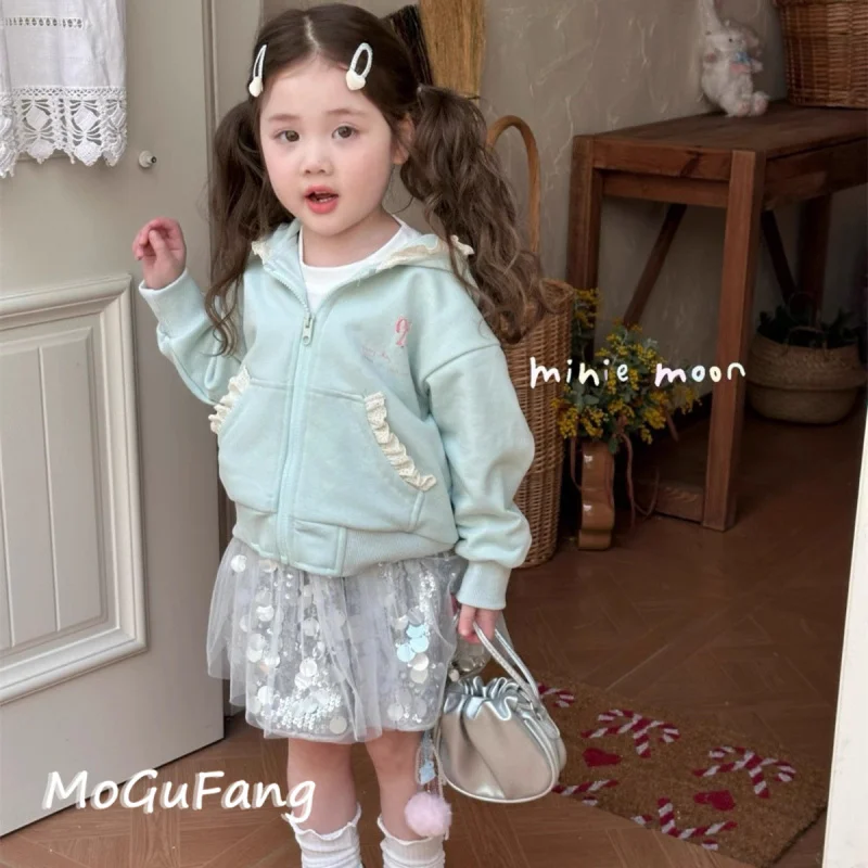 

01-Spring Children's Clothing2025Spring New Girls' Toddler Ear Hat JacketTShirt with sequins and stylish skirt