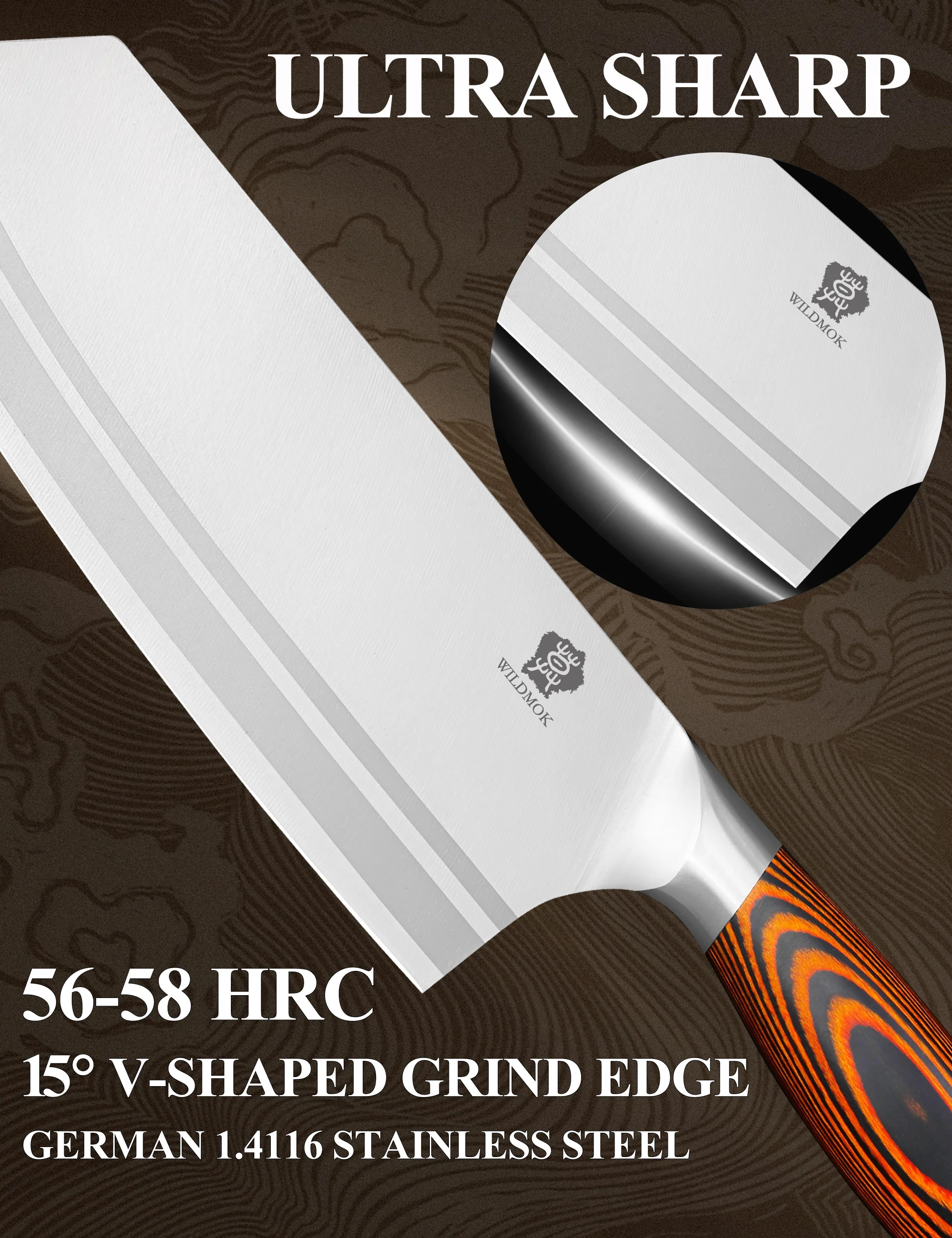 WILDMOK 7.8 Inch Meat Cleaver, German Steel Sharp Chinese Kitchen Chopping Knife with Ergonomic Pakkawood Handle