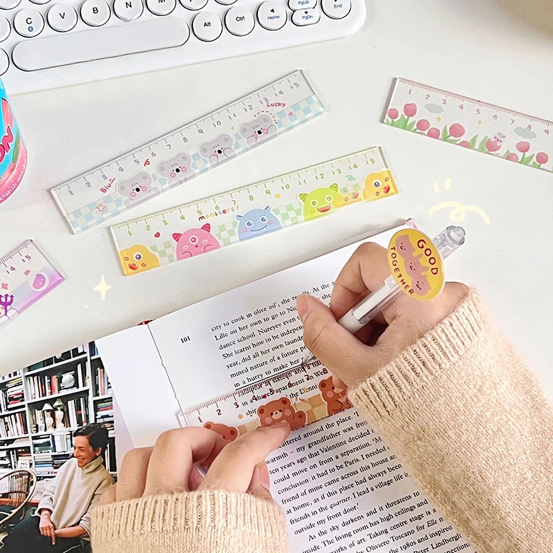 15Cm Cute Kawaii Study Time Cartoon Ruler Multifunction Diy Drawing Plastic Rulers for Kids Student Office School Stationery
