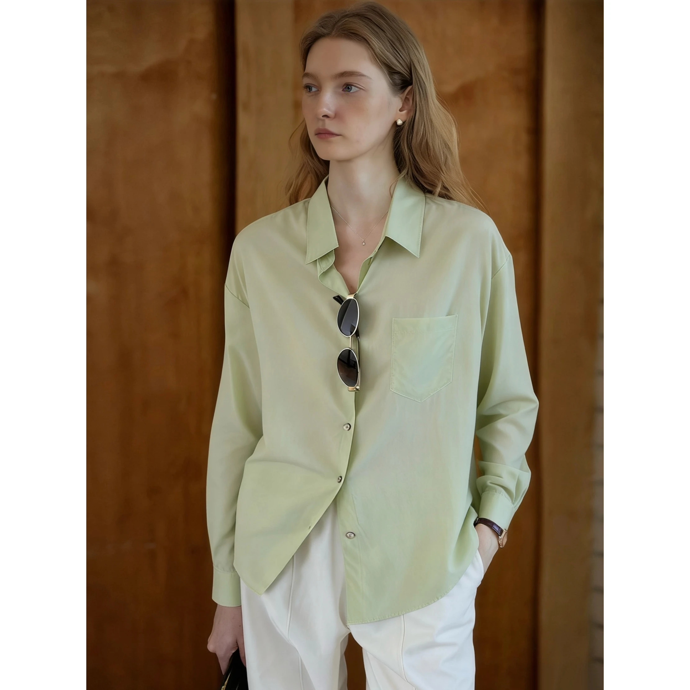 

Женская повседневная шелковая рубашка LZoo, зеленая, для комфортного повседневного образа, на 100 дней отдыха, с длинным рукавом, свободного кроя, дышащая, удобная, весенняя