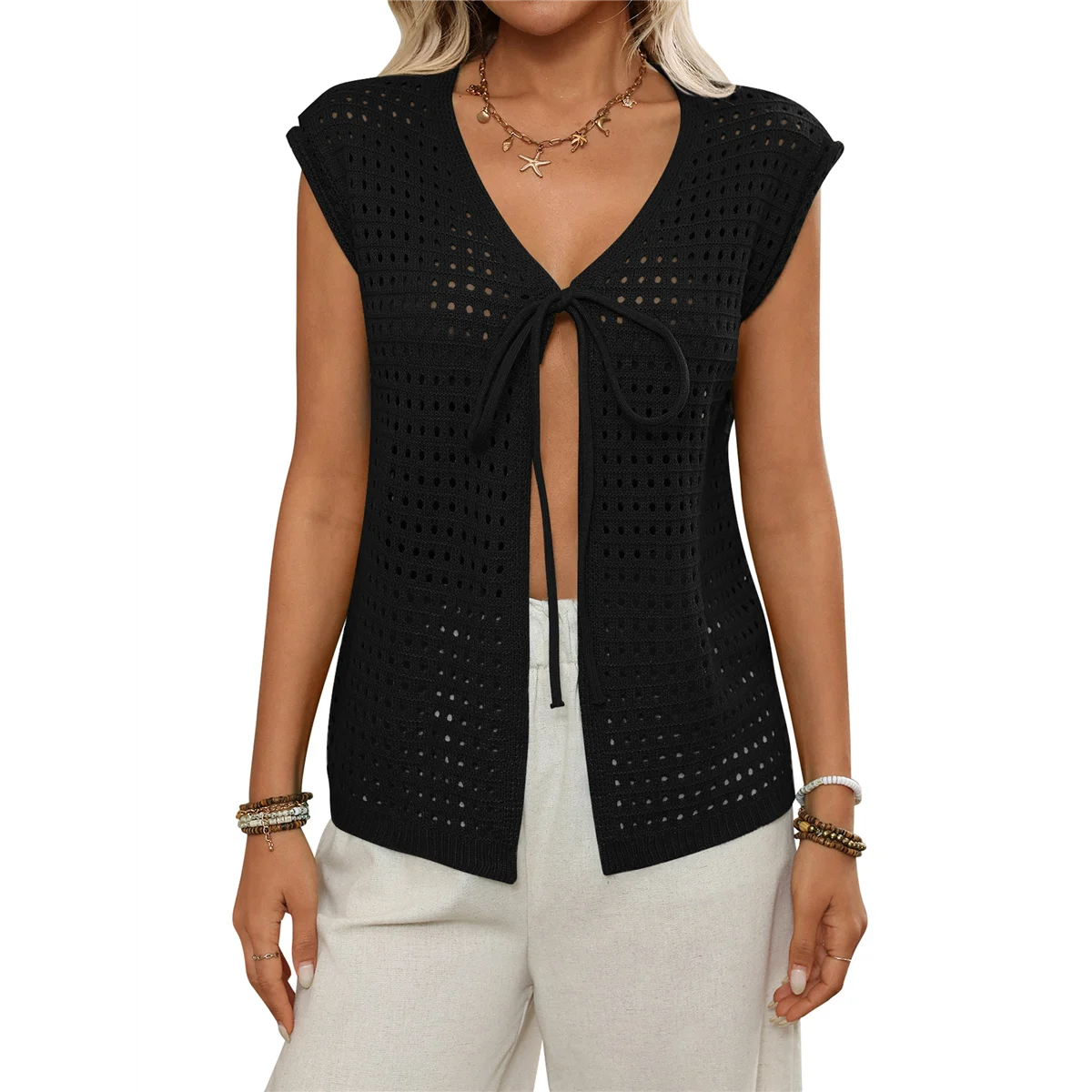 ABQR Womens Tie Crochet Shrug Short Sleeve Open Front Knit Cropped Cardigan Sweaters Cover Up Black XL