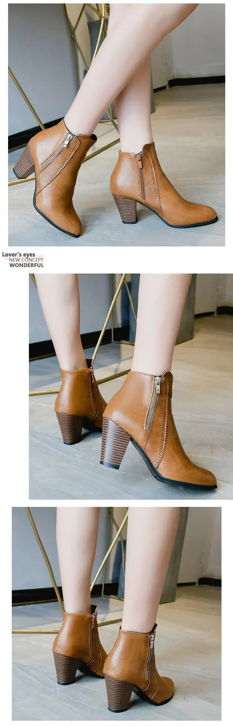 Damenstiefel mit grobem Absatz, rutschfester Outdoor-Schuh, Retro-Reißverschluss, modische Stiefel, bequeme, lässige Damenschuhe, Botas – Detail 4