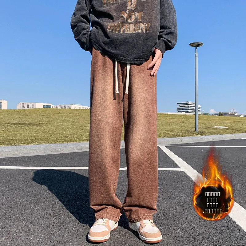 

Мужские зимние джинсы с флисовой подкладкой, прямые, широкие, в американском стиле, свободные, теплые, модные