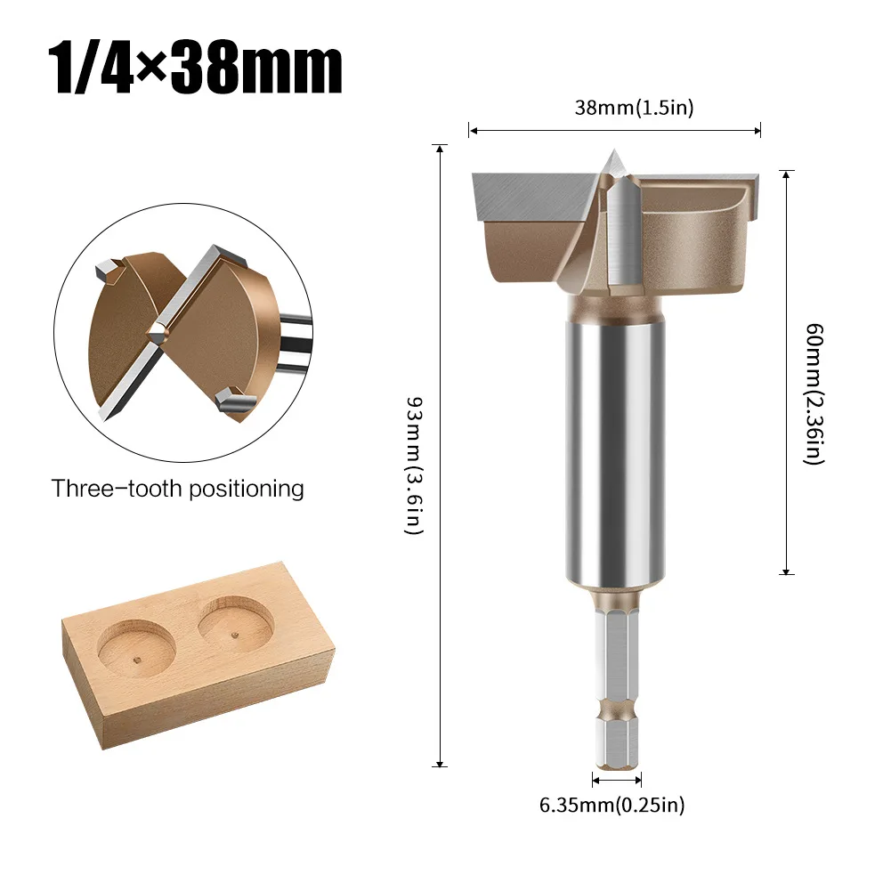 Imagem -06 - Broca Forstner para Carpintaria Hex Shank Abridor de Furos Tungstênio Carboneto Hole Saw Cutter Dobradiça Boring Bit 3550 mm 6.35 mm 1pc