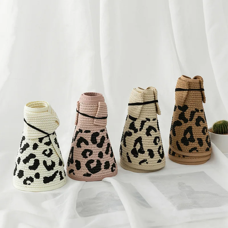Moda verão feminino selvagem leopardo chapéu de palha ao ar livre dobrável portátil praia férias chapéu de sol arco casual selvagem praia chapéu