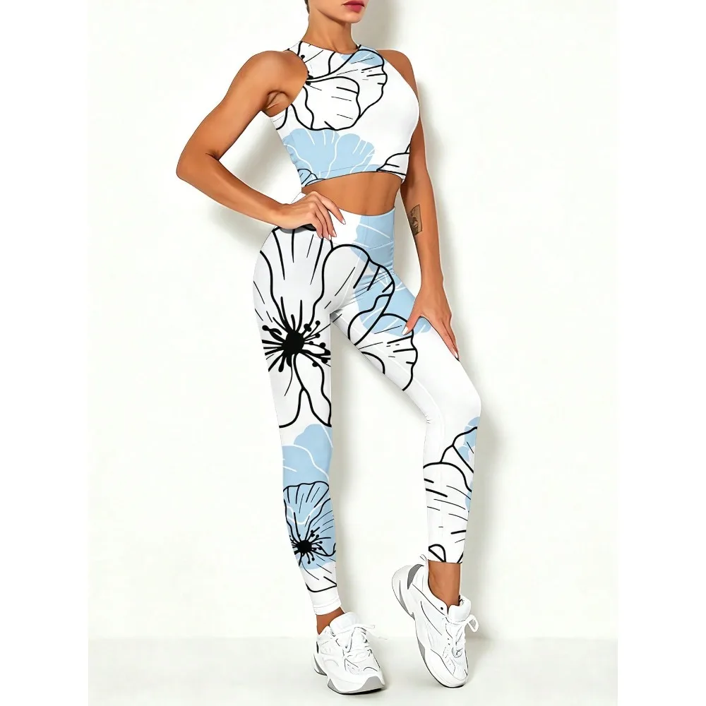 

Floral Print Women's Tank Top And Yoga Pants Set With Blue And White Flower Design 2026 Summer New Style For Workout And Gym Wear 3D Printing High Elasticity Fabric Soft And Comfortable For Daily Activities And Fitness Training