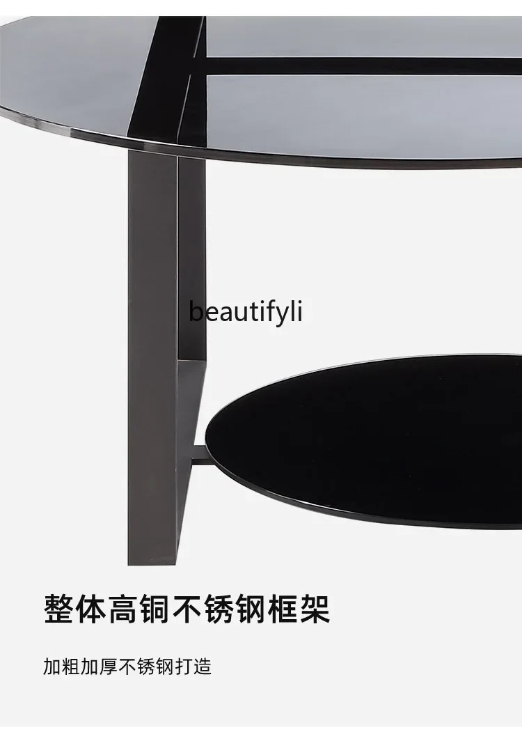

Italian minimalist stainless steel round coffee table living room tempered glass light luxury high-end designer