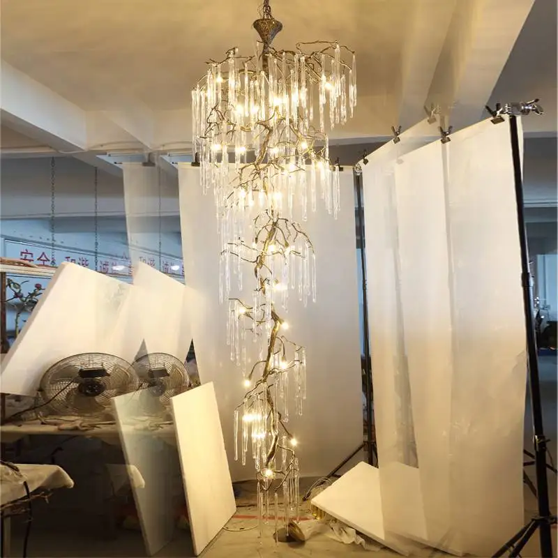 Vintage Crystal High Ceilings Staircase Chandeliers For Stairscase Loft Stairway Brass Branch Hanging Chandelier