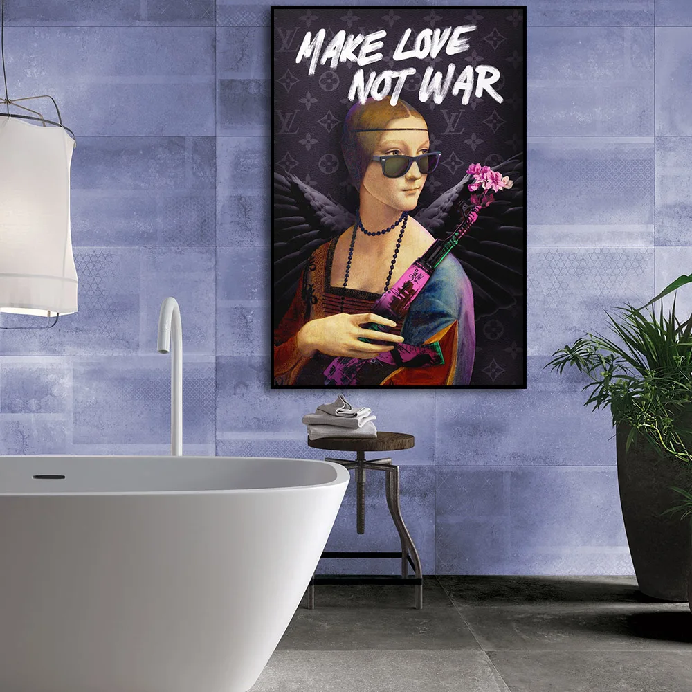 Make Love Not War Quote Poster Altered Ermine Lady Portrait Painting Pop Wall Art Canvas Prints Room Home Decor Picture Cuadros