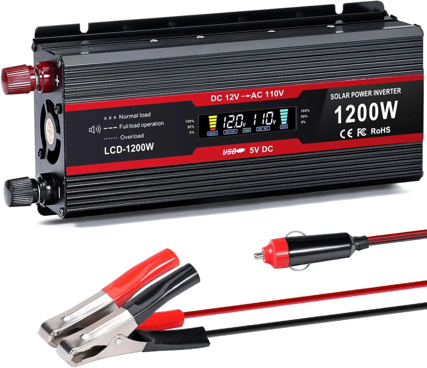 

1200W Car Power Inverter 12V to 110V AC with LCD, USB Port, Black