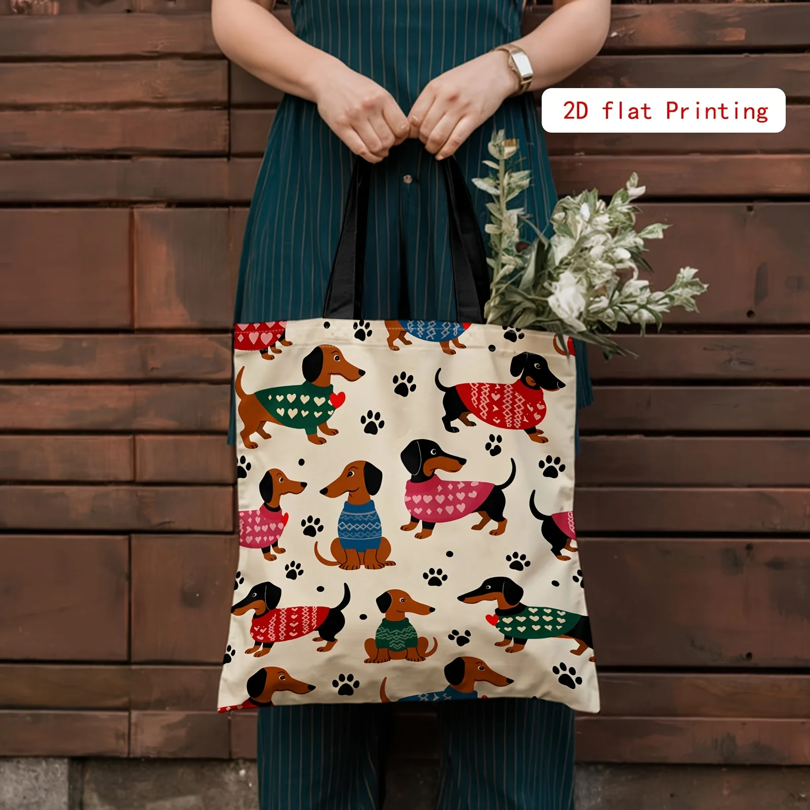 1pc Dachshund and Paw Print Pattern Tote Bag Daily Commute Printed Fashion Bag Shoulder Strap Crossbody Bag Women's Handbag