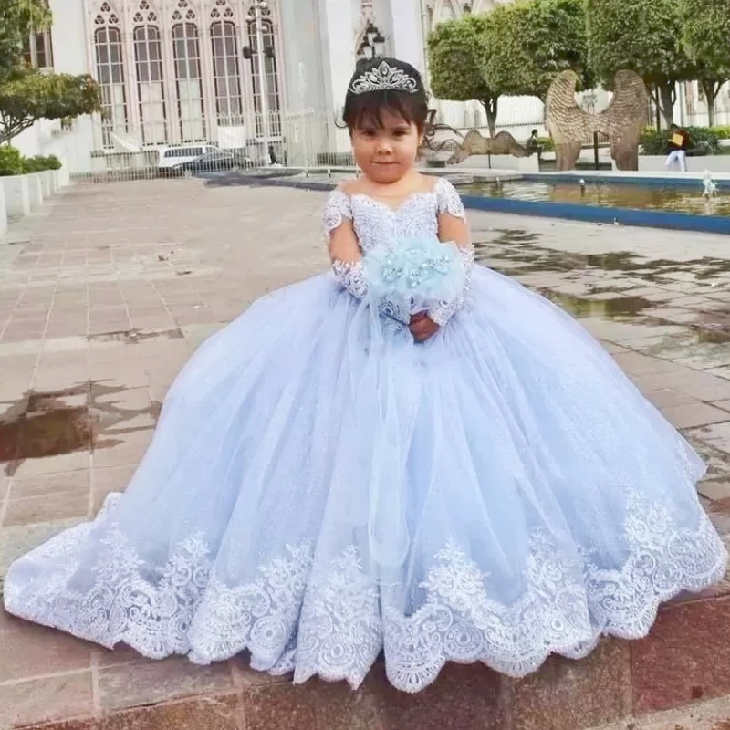 Licht Himmel Blau Puffy Blumen Mädchen Kleider Lange Ärmeln Für Hochzeit Spitze Appliqued Kleinkind Pageant Erstkommunion Kleider