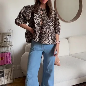 여성용 레오파드 할로우 아웃 얇은 셔츠, 캐주얼 루즈 O넥 반팔 상의, 2024 용수철 여름 여성 스트리트웨어 탑