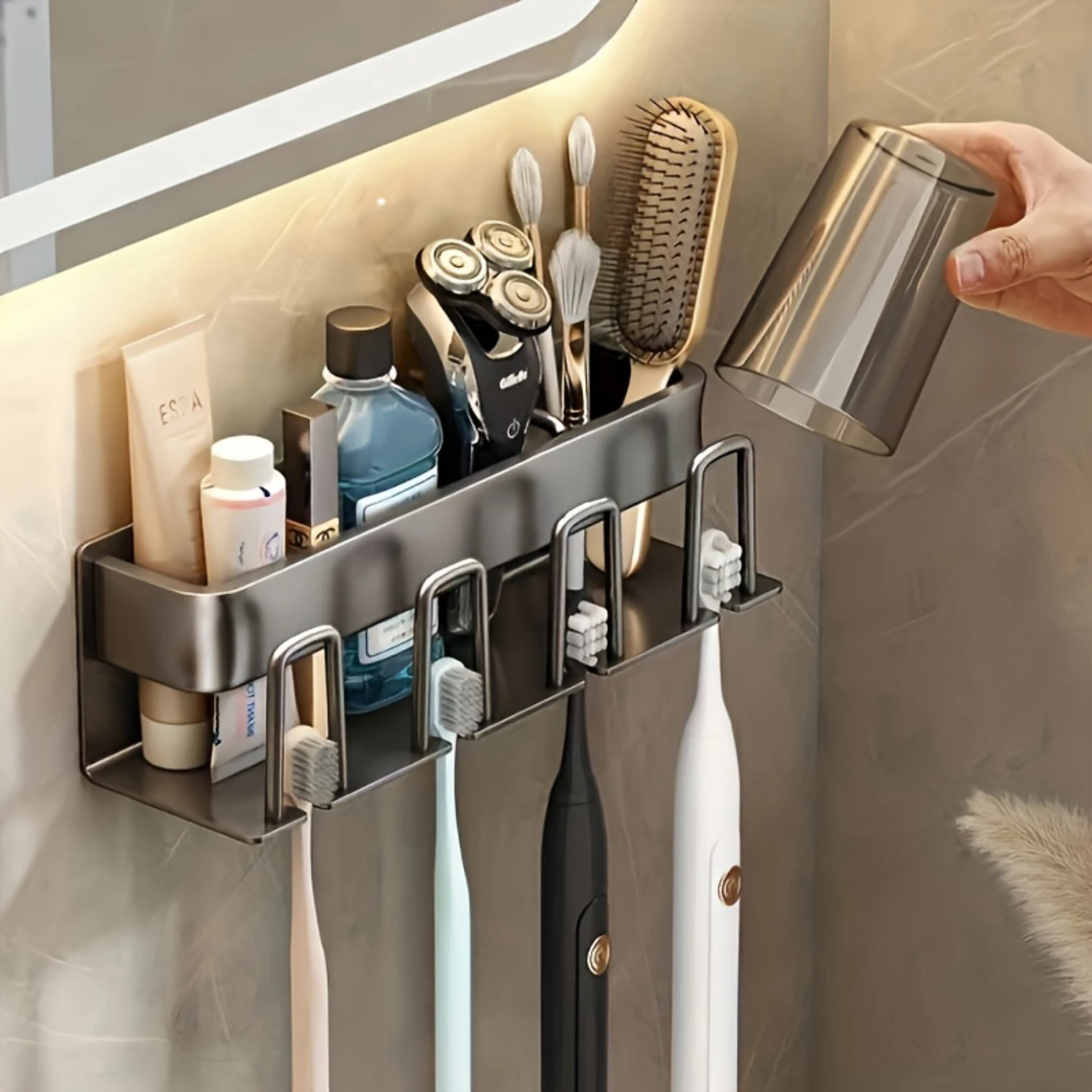 1pc Classic Aluminum Wall Mounted Toothbrush Holder Plus  Rack - Space-Saving Bathroom Organizer for Toothpaste,  Toothbrushes &