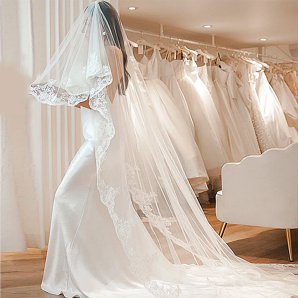 Soft Tulle Lace Eyelashes Lace Floral Print Face Covering Trailing Cathedral Wedding Exquisite Romantic Bridal Veil With Comb