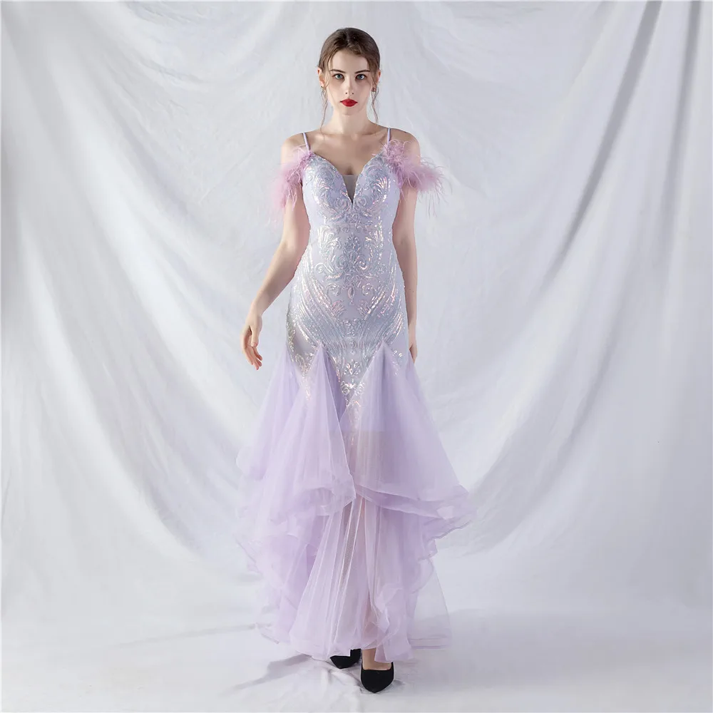 Dearmly Lavender Mermaid Formal Evening Dress 2024 Stunning Sequins Feathers Long Wedding Party Prom Gowns Dropshipping