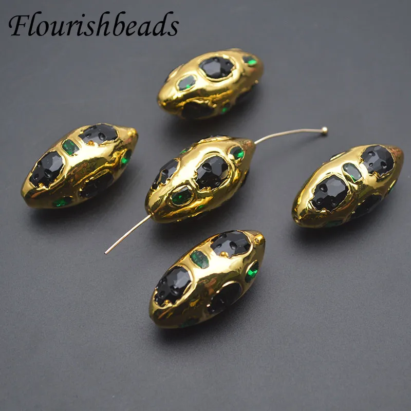 

Oval Shape Black Stone Gold Plated Paved Green Zircon Through Hole Loose Bead for DIY Jewelry Necklace 10pcs/lot