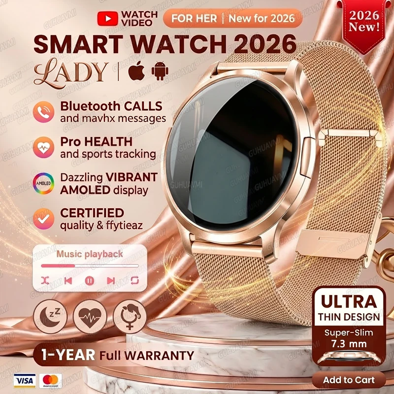 2026 Neue Damen-Smartwatch mit AMOLED-Display, Anpassbarem Zifferblatt, Sport-Fitness-Gesundheits-Tracker, Wasserdichtem Armband, Musik-Digitaluhr für Frauen