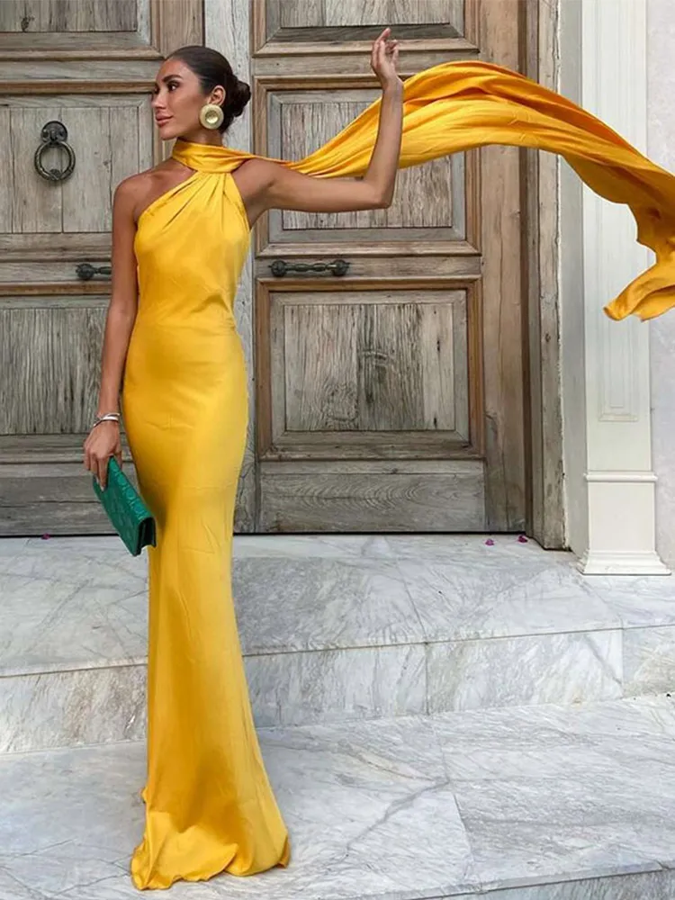 Elegant Solid Ribbon Women Halter Dress Off Shoulder Sleeveless Backless Slim Female Maxi Dresses 2025 Summer New Chic Lady Robe