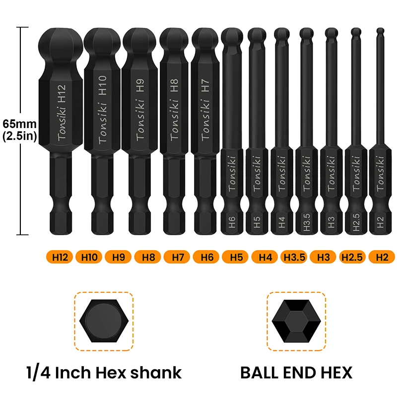 12Pcs 65mm Ball End Screwdriver Bits 1/4 Inch Hex Shank Metric Hex Bit Set Magnetic  Ball Head Allen Wrench Drill Bit