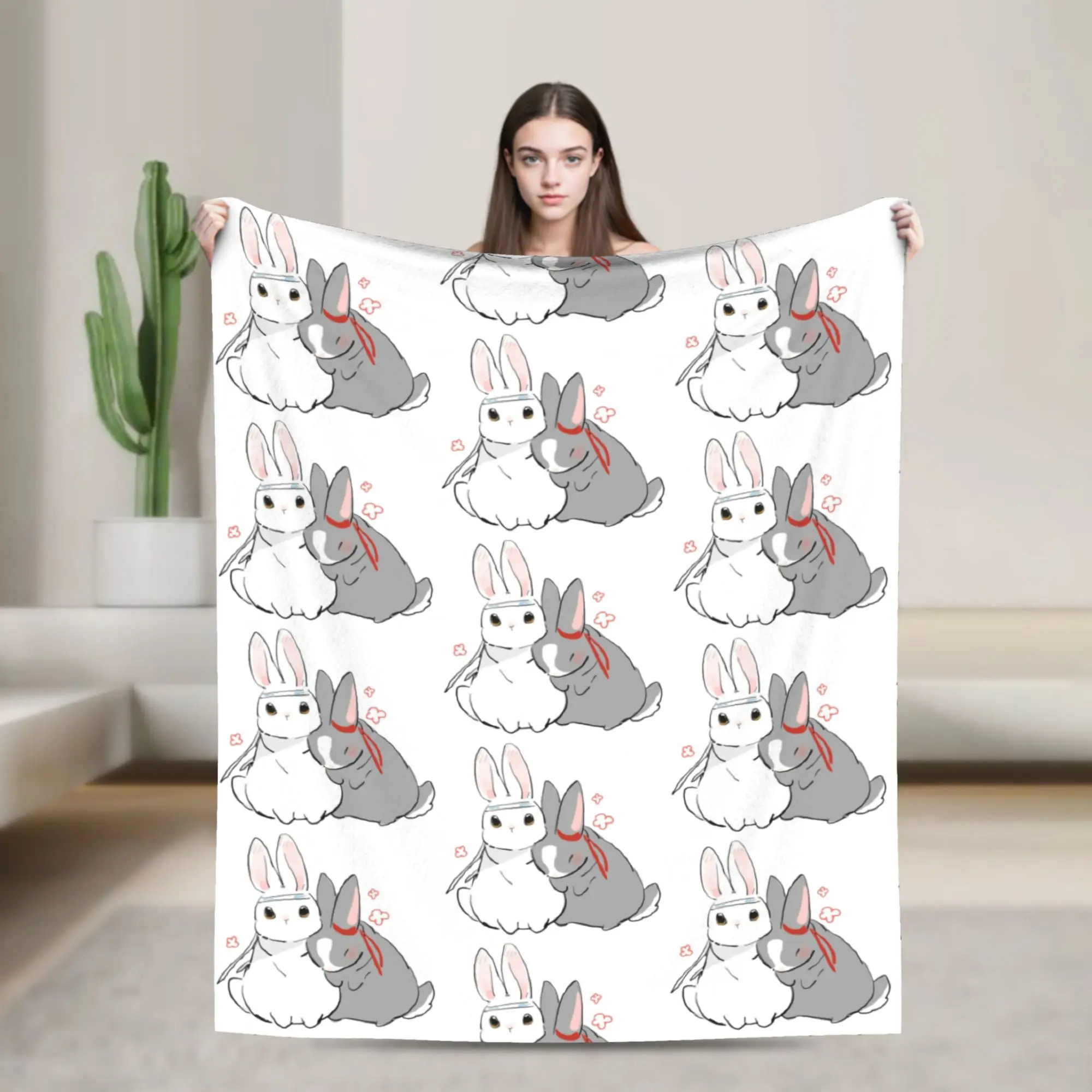 The Untamed MDZS Wangxian Bunnies Blanket Flannel Printed Mo Dao Zu Shi Portable Ultra-Soft Throw Blanket for Sofa Travel Quilt