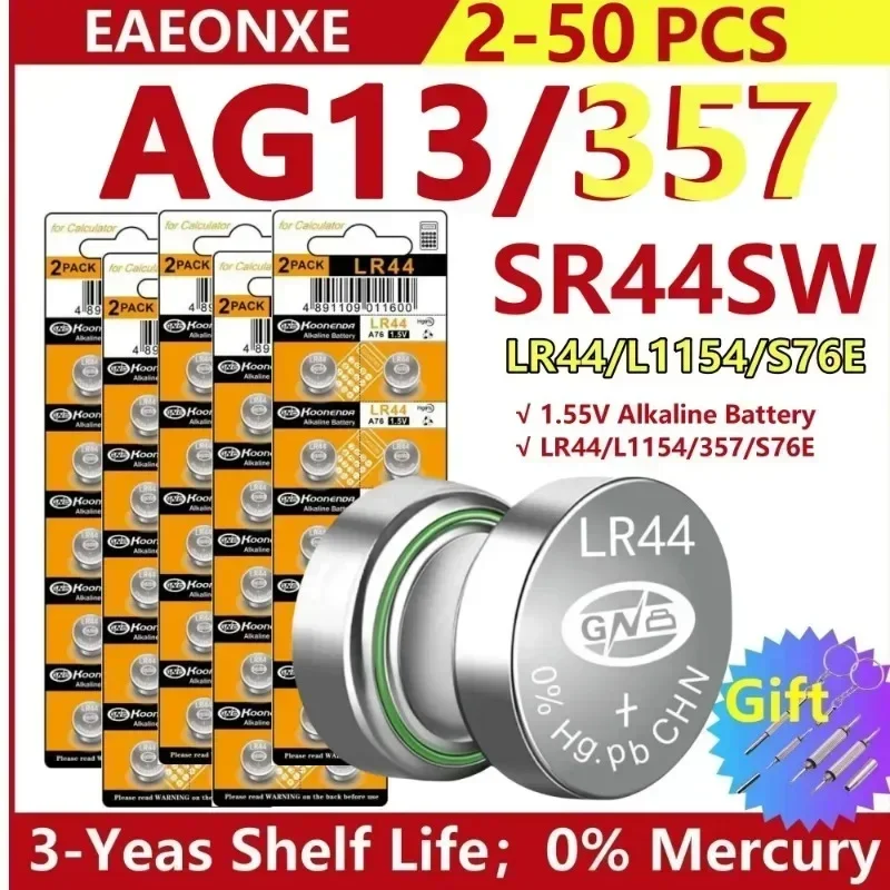 

1.55V AG13 LR44 A76 357A LR1154 SR1154 357 SR44 Alkaline Battery For Car Key Watch Calculator Remote Clock Button Coin Cell