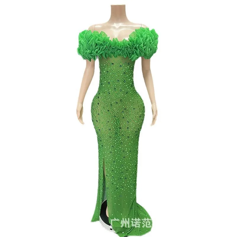 Temperament One-word Shoulder Senior Green Fishtail Dress Banquet Host Performance Clothes Model Catwalk Trendy Clothes Vestidos