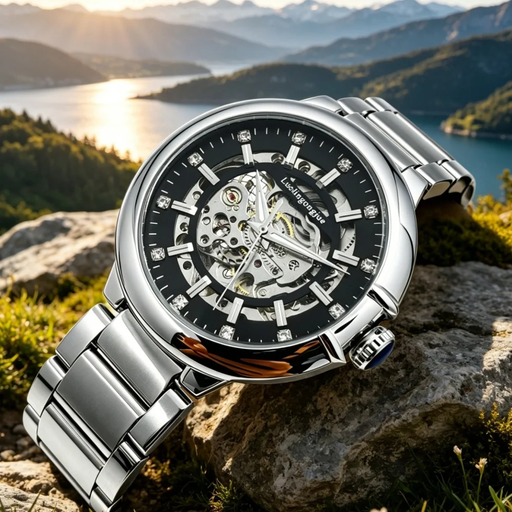

Business Luxury Hollow-Out Mechanical Men's Watch, Fully Automatic Movement with Diamond Inlay, Waterproof Luminous Stainless Steel Strap Watch, Hot-Selling Casual and Formal Mechanical Watch, European and American Popular Gift-Giving Item, Versatile Men'