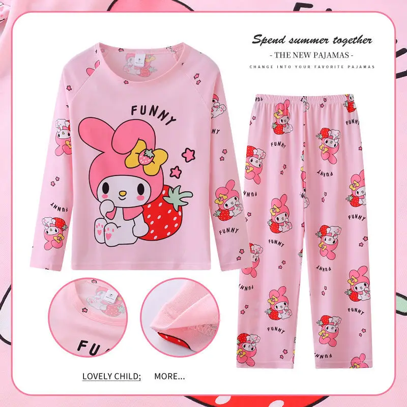 Cute Sanrio Cinnamoroll Children Pajamas Suit Hello Kitty Sleepwear Kuromi Melody Girl Boy Spring Long Sleeved Home Suit Gifts