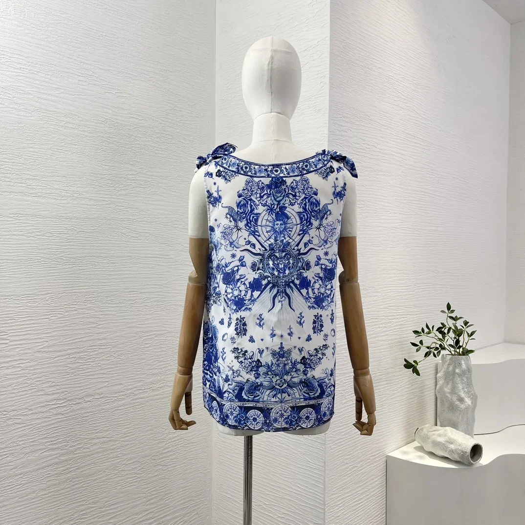 Women's Pure Silk Blue White Porcelain Color Sleeveless Floral Print Diamonds Deep V Neck Blouse Tops Skirt Set High Quality