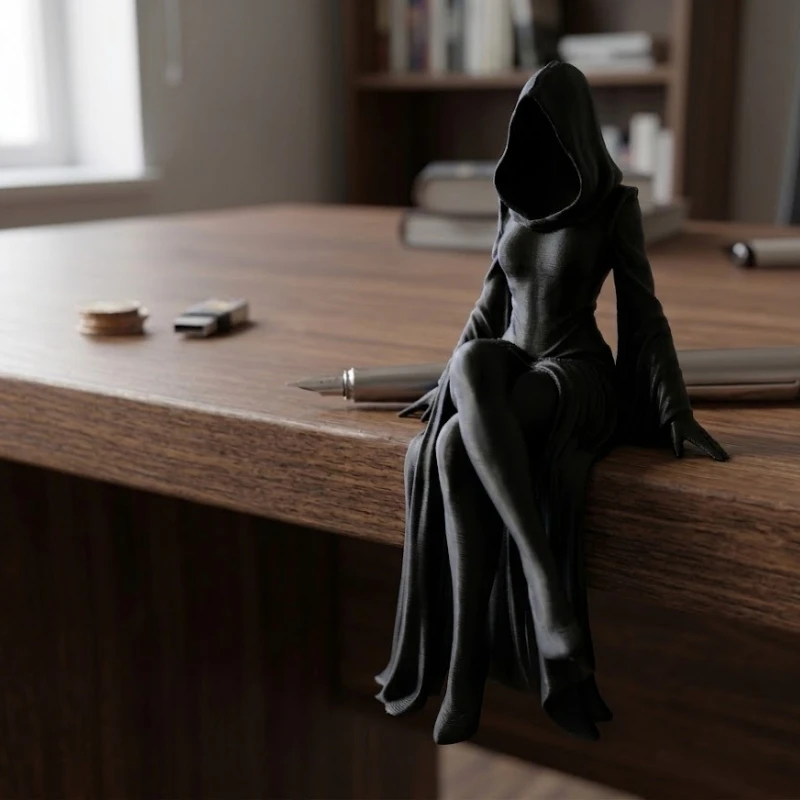 Vintage Dark Gothic Faceless Witch Statue, Mysterious Hooded Figurine with Flowing Robe Hem and Slender Silhouette