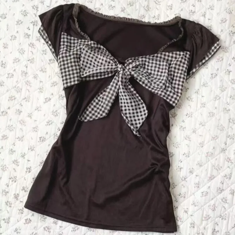 

American Retro Bow Design Short-sleeved T-shirts Summer New Subculture Plaid Stitching Tees Women's Harajuku Slim Popular Tops