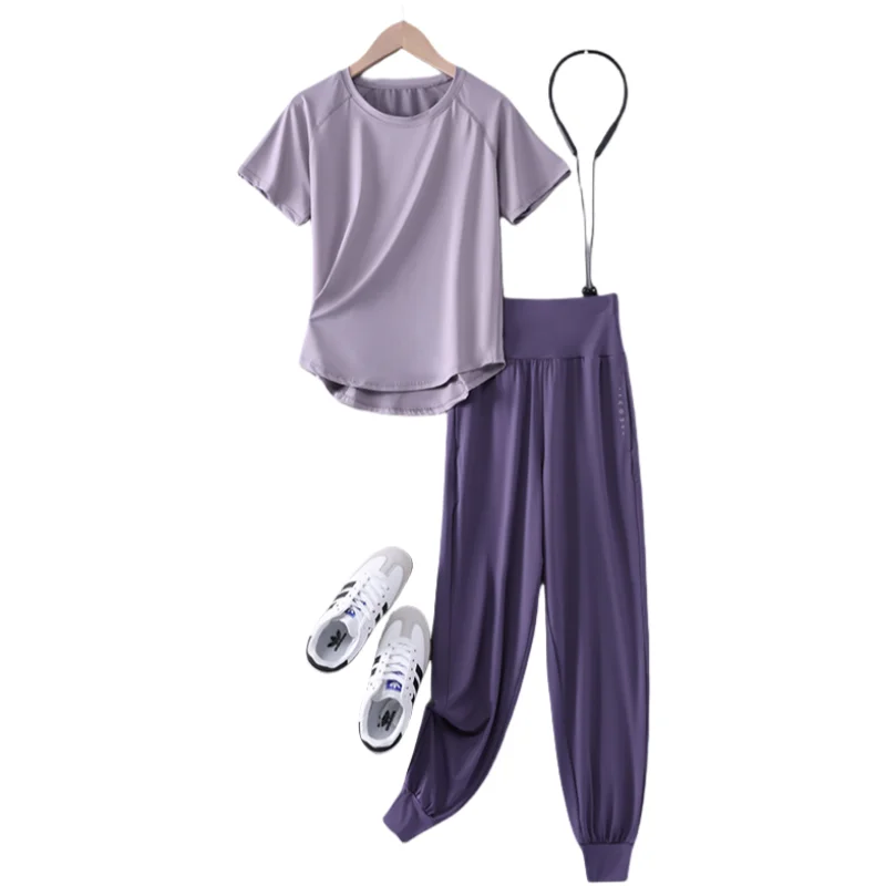 DRUR S-4XL اليوغا مجموعة النساء قمصان رياضية سراويل رياضية مجموعة 2 قطعة قصيرة اللياقة البدنية القمم Sweatpants دعوى الإناث الصيف ملابس رياضية الزي