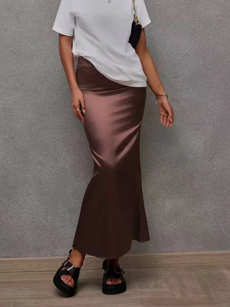 Frühling Sommer 2025, schlichtes Design, neuer Stil, europäische und amerikanische Mode, einfarbig, A-Linie, lässiger Rock, langes Kleid für Damen