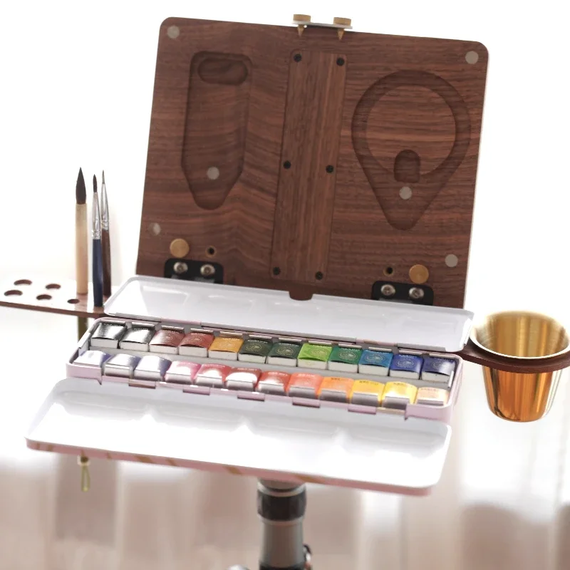 Black Walnut Solid Wood Inlaid Watercolor Paint Box Art College Students Outdoor Travel Sketch Portable Painting Supplies Tools