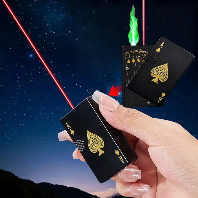 

New Poker with Laser Inflatable Lighter Metal Windproof Direct Spray Green Flame Butane Gas Mahjong Lighter Men's Gift