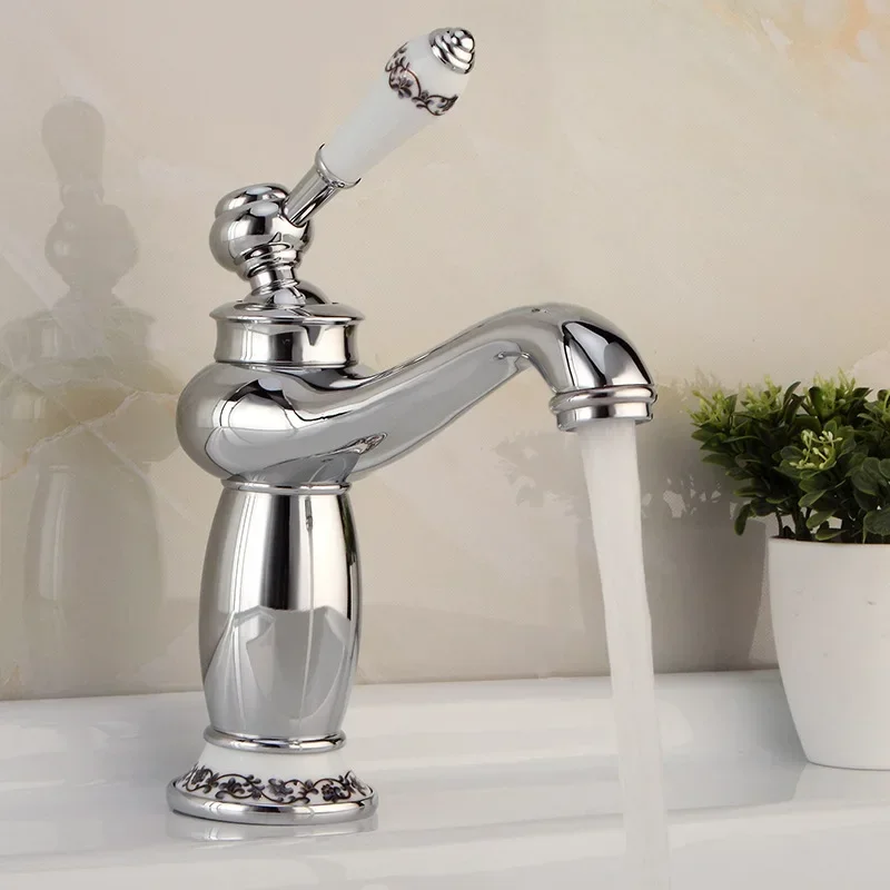 Retro European Bathroom Basin Faucets Gold Mixer Tap Ceramic Decoration Plating Chrome Single Handle Hot And Cold Deck Mounted