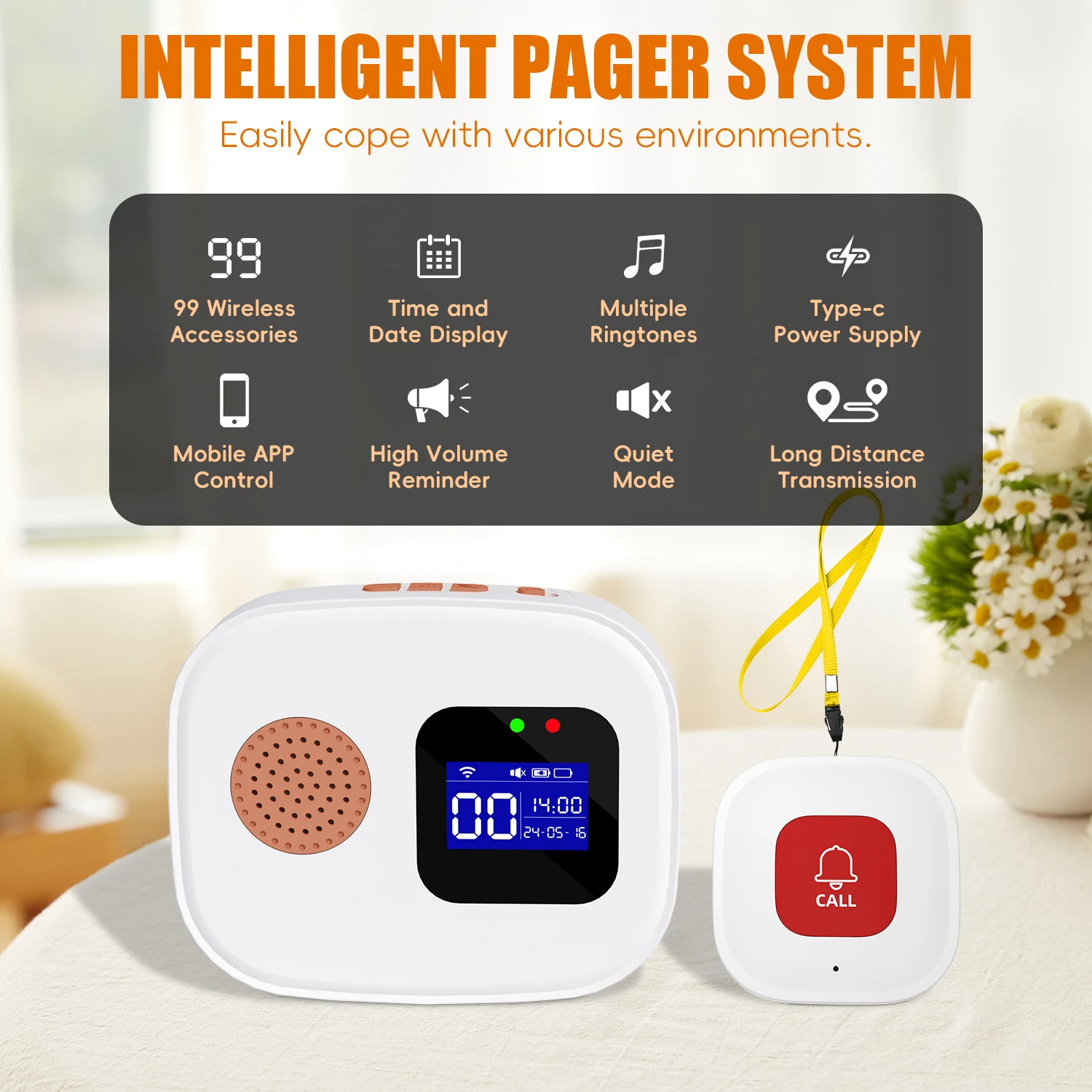 Wireless Caregiver Call Button Alarm, Portable Caregiver Pager For Seniors Patients Bracelet Button & 1 Digital Display Receiver