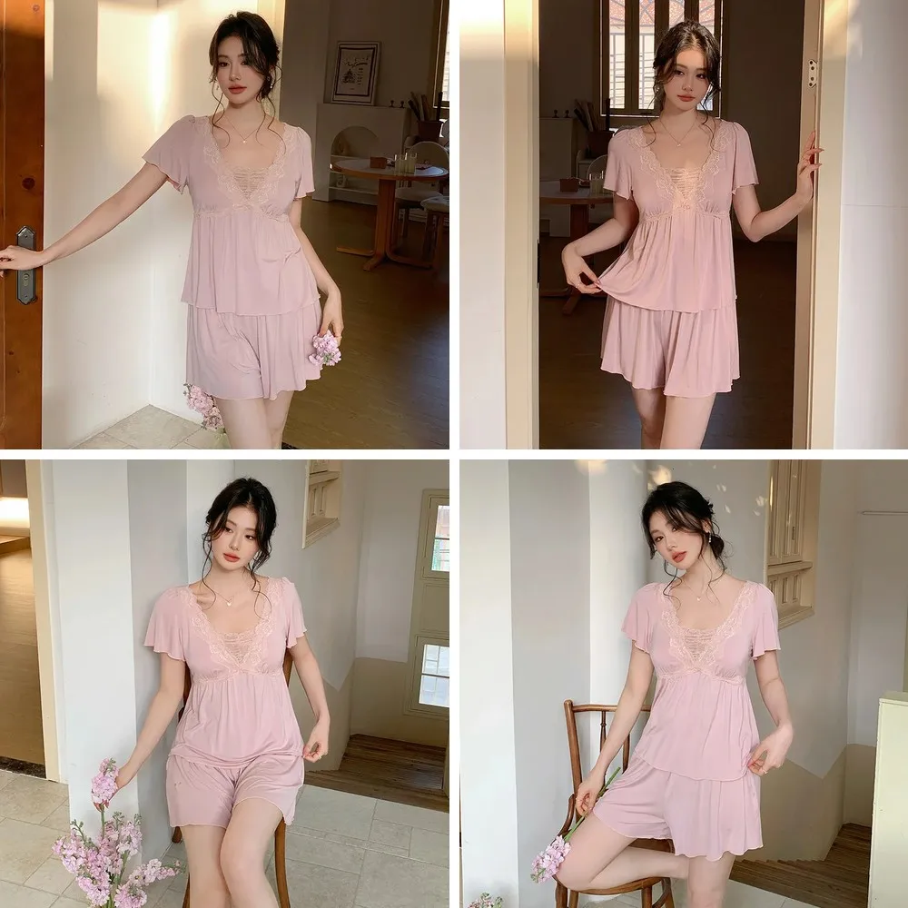

French Style Modal Short Sleeve Pajama Set, Soft Loose Lace Trim Sleepwear for Women