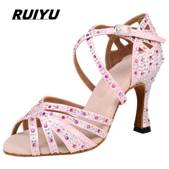 Sapatos de dança latina feminino salsa tango festa de salão sapatos femininos strass rosa preto sandálias de salto verão tênis de dança