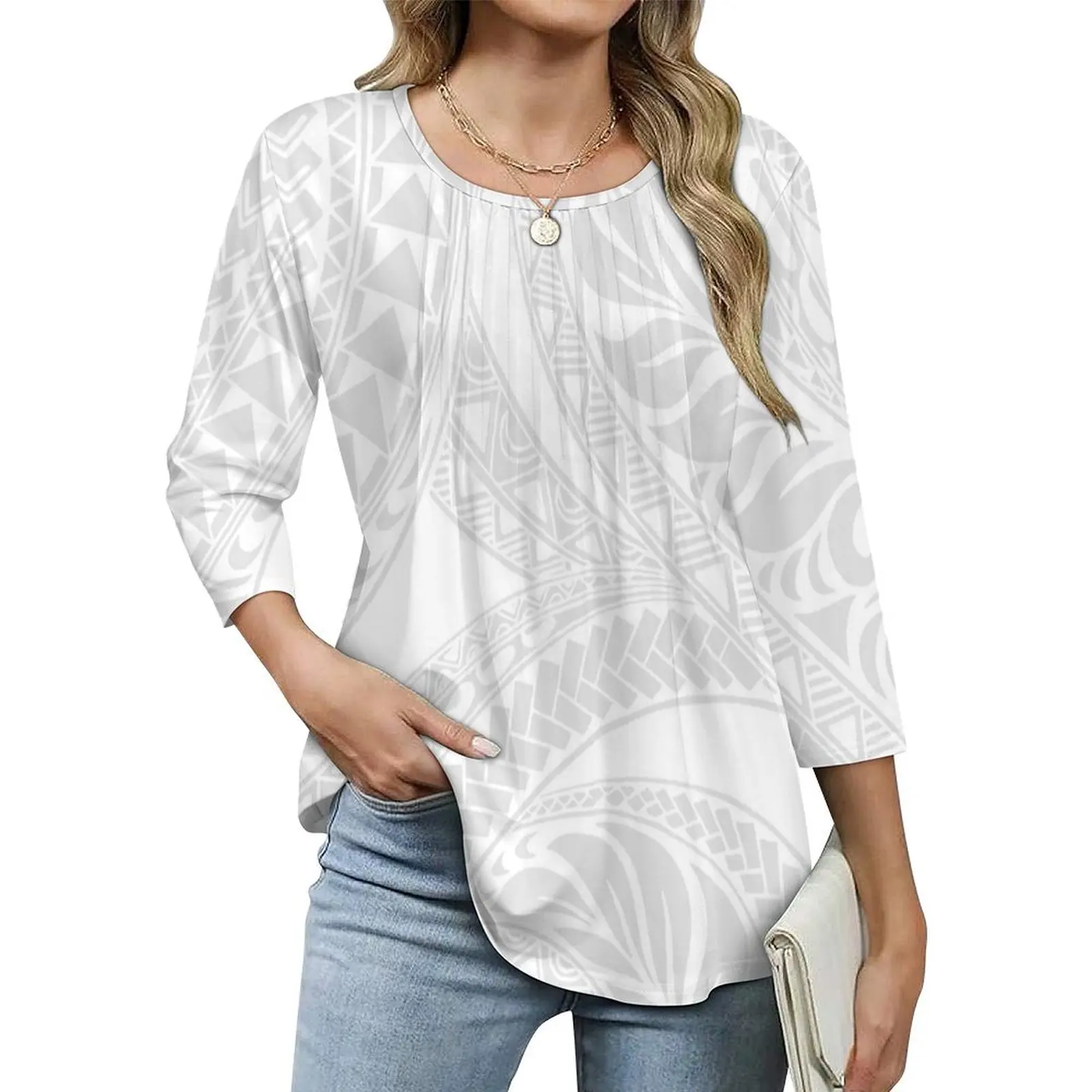 Wholesale Price Full Print Women T Shirt Crew Neck Top Polynesian Ethnic Style Three Quarter Sleeve Fashion Women Clothing