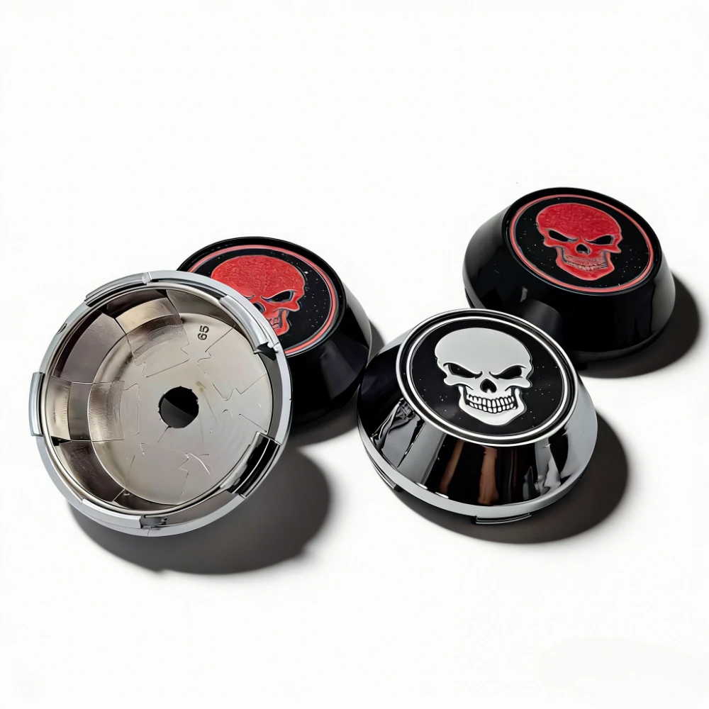 4er-Set Totenkopf-Logo-Emblem Radnabenkappen 65MM Clips 60MM Felgenabdeckungen Ersatz Autozubehör