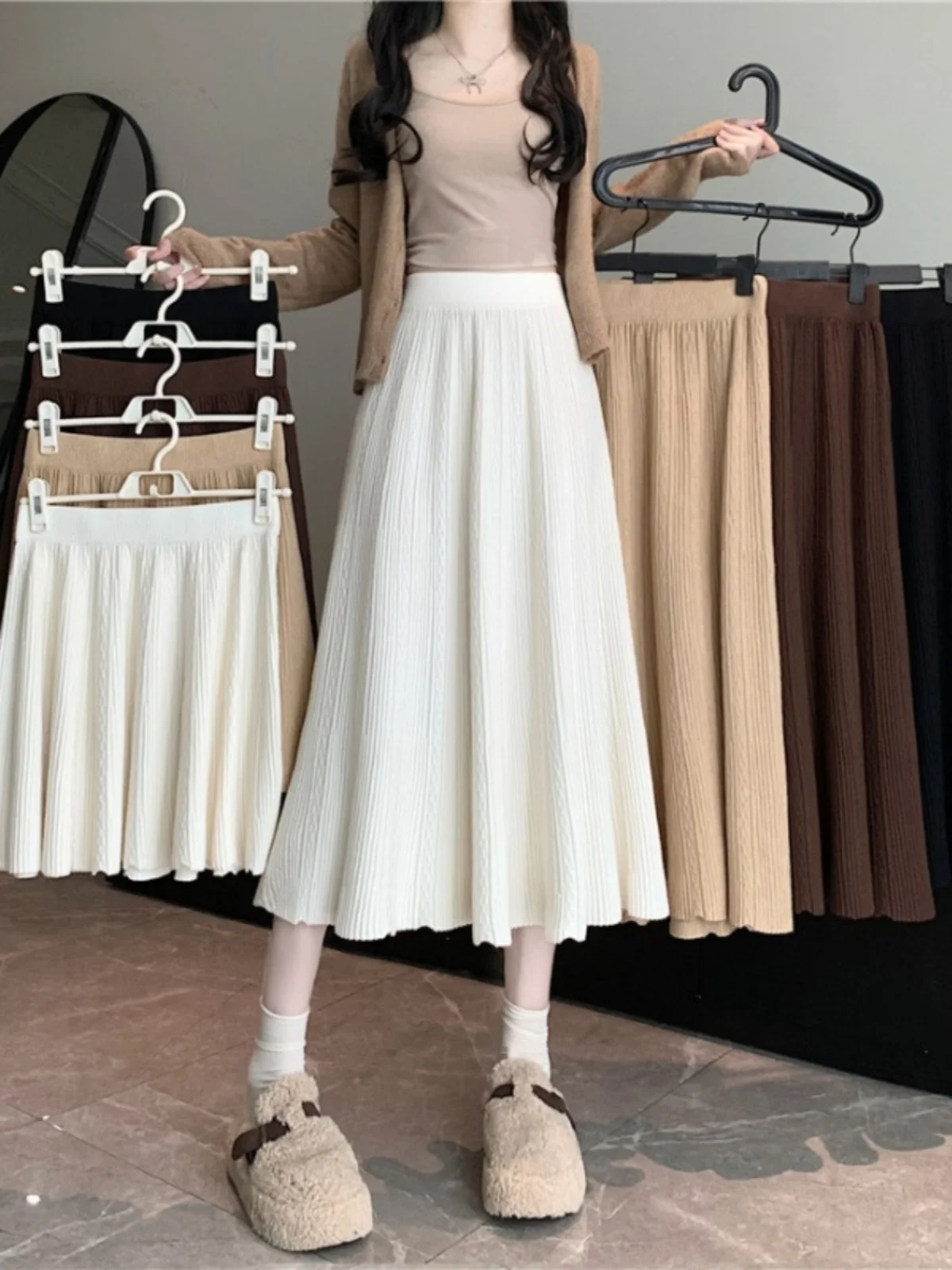 

Юбка-трапеция с высокой талией из трикотажа для полных женщин, осенняя коллекция, для фигуры типа «груша», облегающая, скрывающая живот, для городских поездок