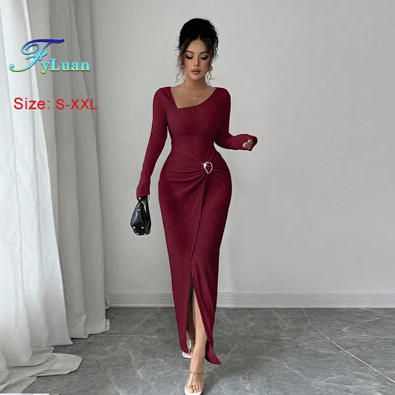 Nowa Moda Damska Długa Sukienka Jednolity Kolor Dzianinowa Tekstura Sukienka Wieczorowa Nieregularny Kołnierz Długi Rękaw Wyszczuplająca Sukienka Maxi Suknie na Bal Studniówkowy
