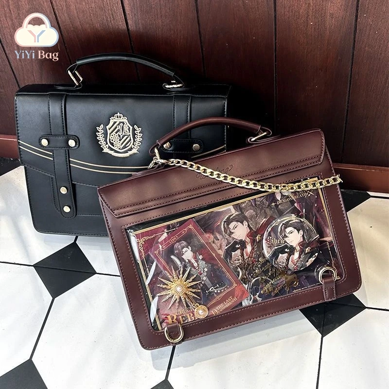 Vintage Academy Style Ita Bag PU Leather Clear Window Pin Display Backpack Lolita Anime Cosplay Shoulder Crossbody Handbag