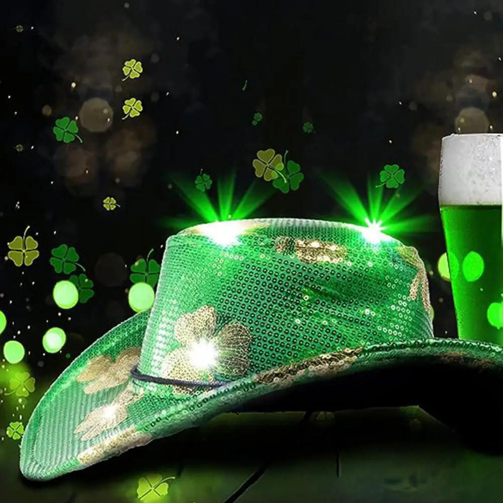 Saint Patrick's Day Cowboy Hat Men Women Green Color LED Light Shamrock Hat for Irish Festival Western-Themed St. Patrick's Day