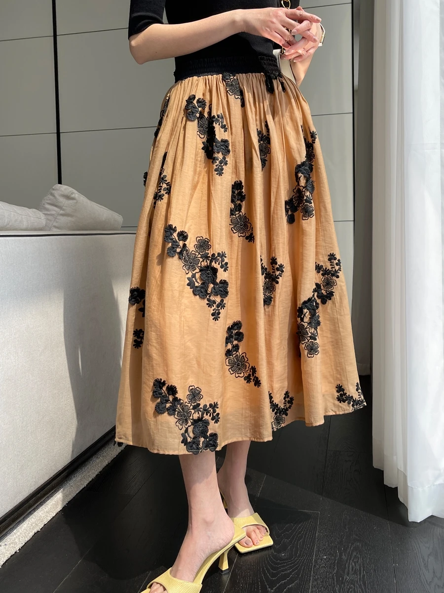 

Mulan 2025 New Heavy Embroidery 3D Floral Elastic Waist f Skirt Umbrella Skirt Q67 Ele Mid-Length A-Line Skirt