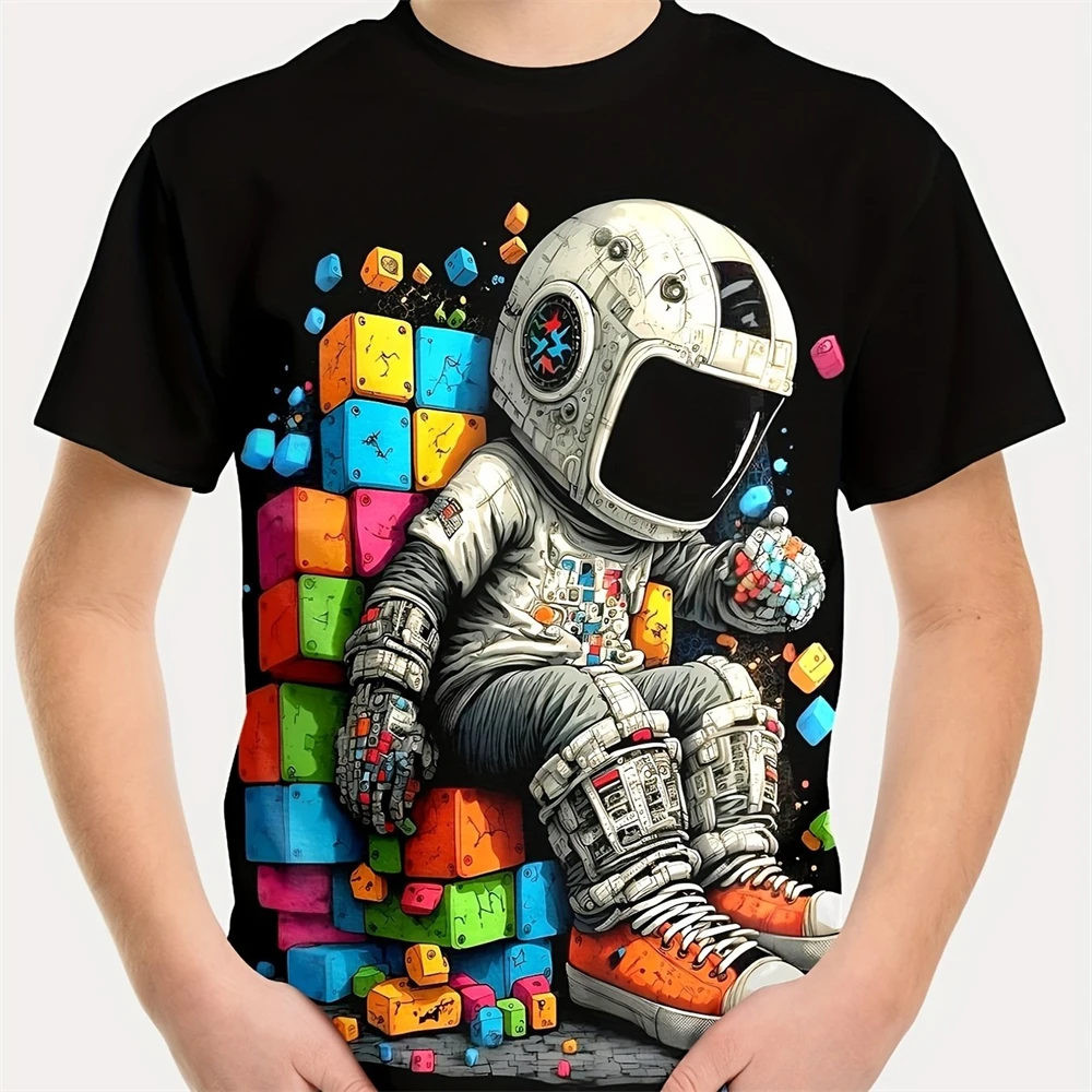 

2024 Kids Clothes Vintage Astronaut T-Shirt Short Sleeve Children's T-Shirt Crew Neck Clothes Child Boy Top Children's Clothing