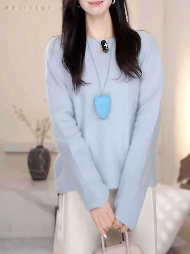 

Мягкий трикотажный джемпер с длинным рукавом и круглым вырезом, осенняя новинка, универсальный топ больших размеров для женщин, корейский свободный крой